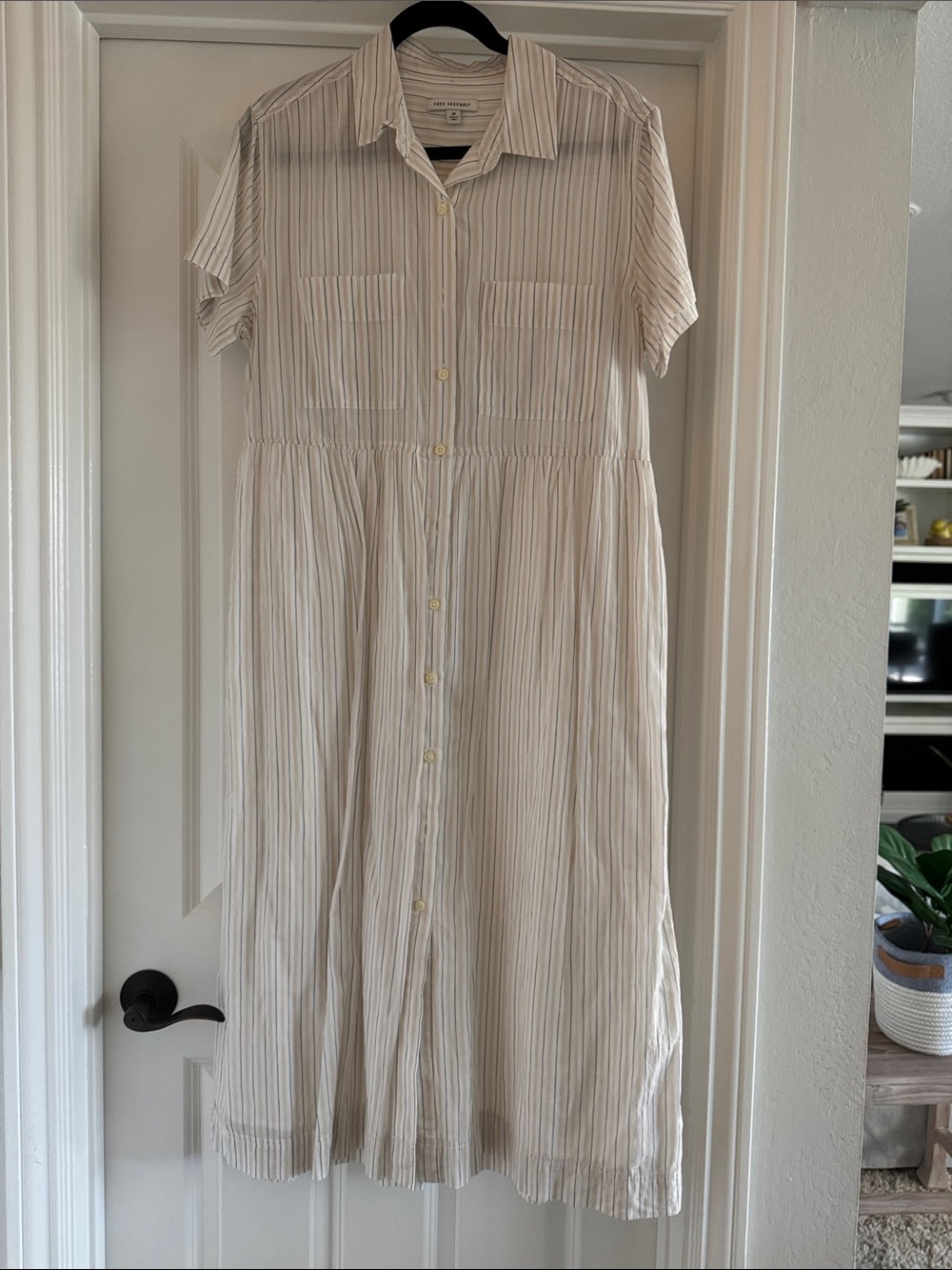 Free Assembly Striped Cream Button-Front Midi Shirt Dress
